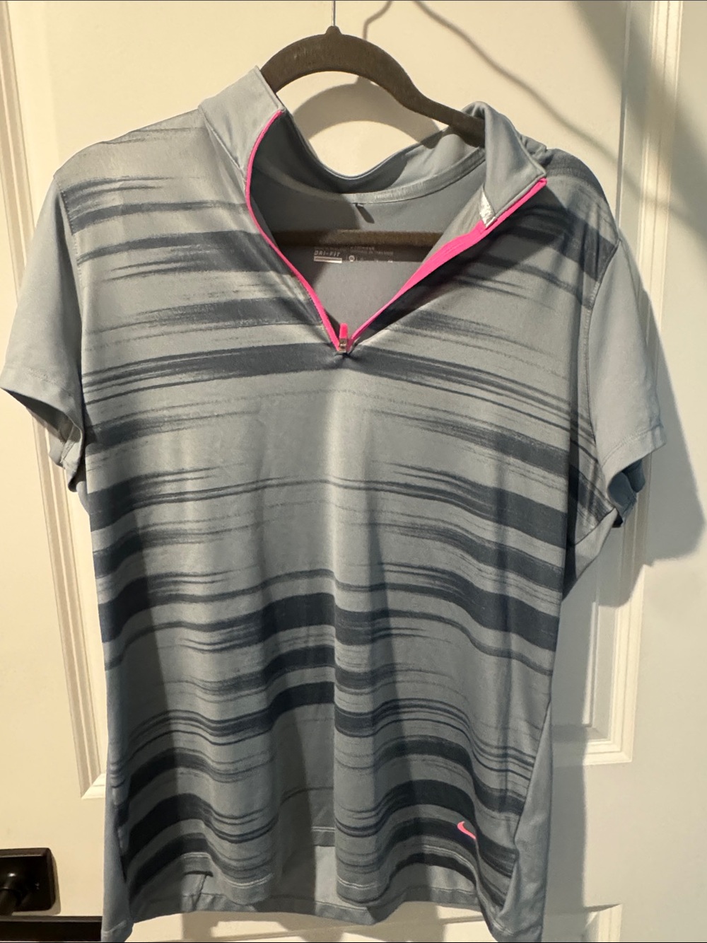 Nike Light Blue Gray Striped Short Sleeve Polo with Pink Trim
